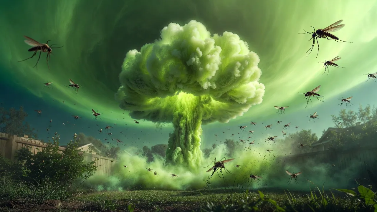 Green mushroom cloud explosion in a backyard with mosquitoes fleeing -- catnip as a natural mosquito nuclear option