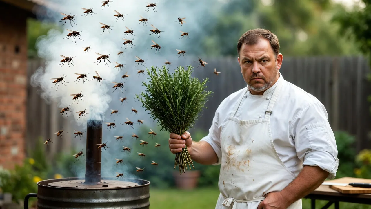 Fresh rosemary sprigs on a grill -- natural mosquito and wasp repellent for backyard cookouts