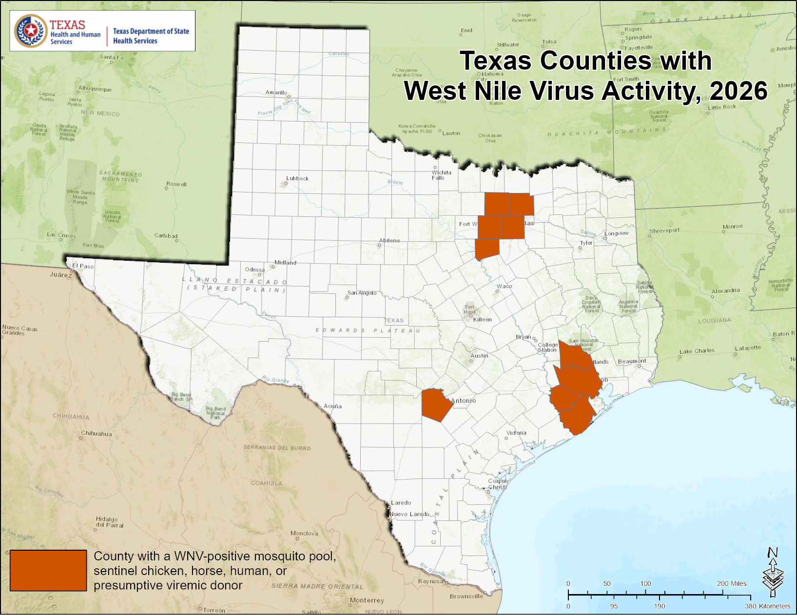 Texas DSHS map showing counties with confirmed West Nile Virus activity in 2026 -- Tarrant County (Fort Worth) and Harris/Fort Bend County (Houston) are highlighted orange