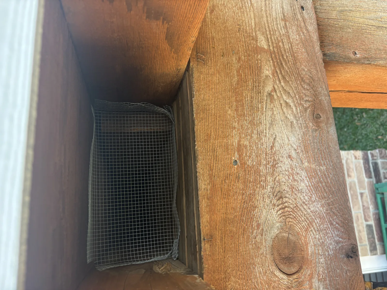 Soffit and eave gap sealed with hardware cloth to prevent wildlife entry